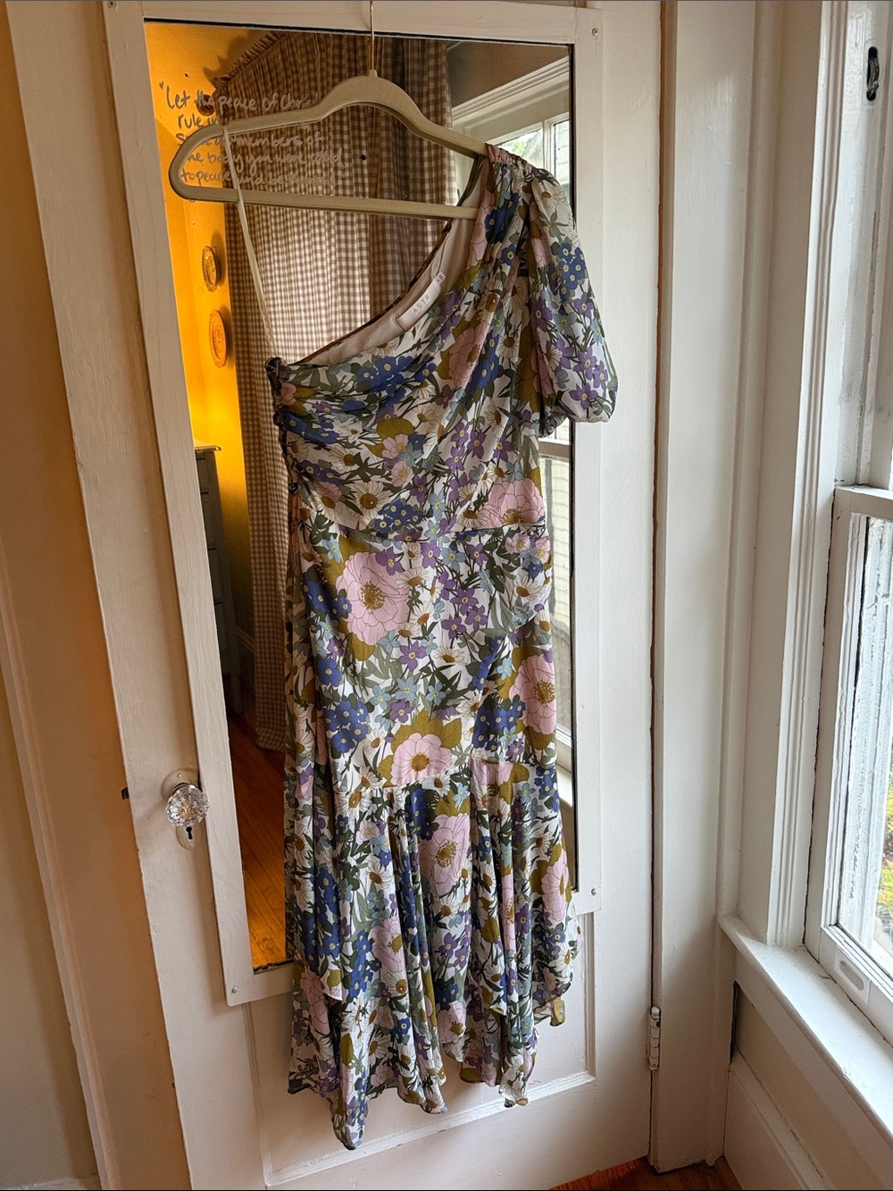 Astr One-Shoulder Floral Midi Dress in Pink, Blue and Green